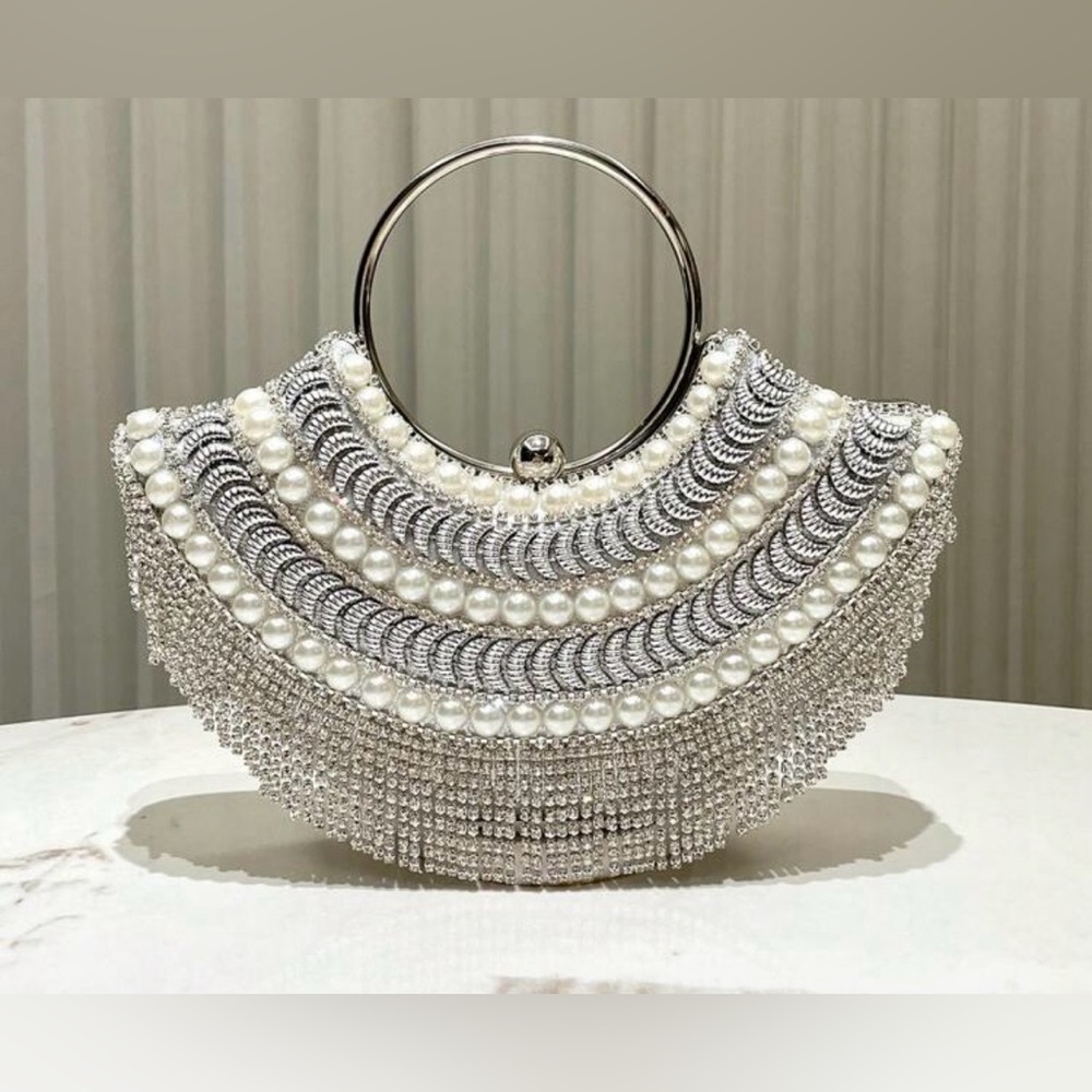 SHEIN Size Small Silver & White Elegant Beaded Pearls Rhinestone Dangles Handbag